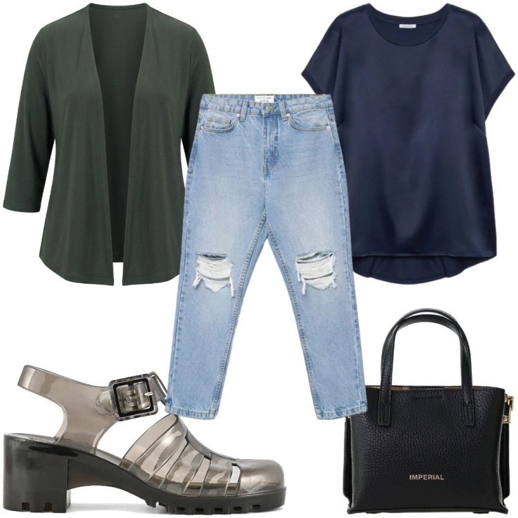 Outfit donna - Total look #2399808. Stile Trendy per Tutti i giorni. Abbinamento con jeans mom, borse a tracolla, bluse, blazer, sandali col tacco.
