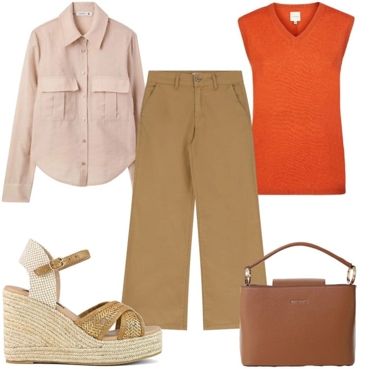 Outfit donna - Total look #2399810. Stile Trendy per Tutti i giorni. Abbinamento con camicie, borse a secchiello, jeans, maglieria, zeppe.