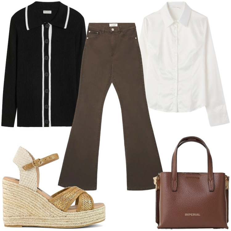 Outfit donna - Total look #2399811. Stile 70s per Tutti i giorni. Abbinamento con cardigans, jeans a zampa, camicie, borse a tracolla, zeppe.