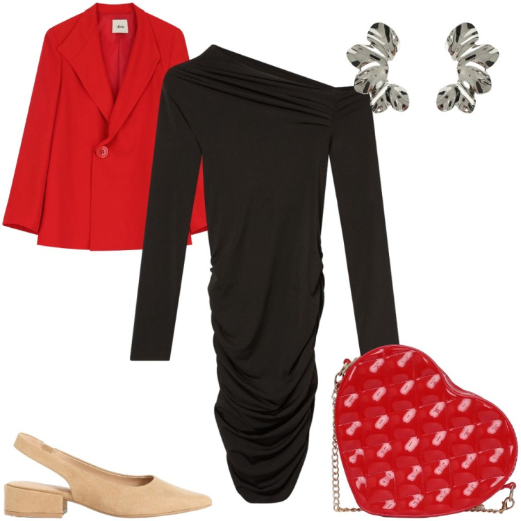 Outfit donna - Total look #2399812. Stile Trendy per Serata fuori. Abbinamento con décolleté, vestiti asimmetrici, borse a tracolla, blazer, orecchini.