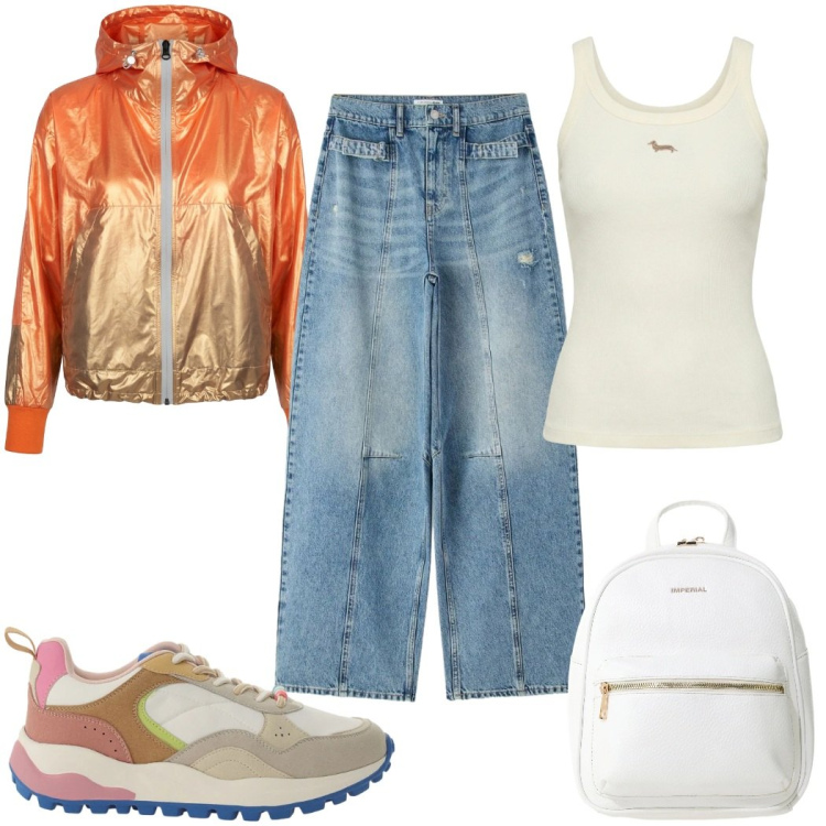 Outfit donna - Total look #2399813. Stile Casual per Tutti i giorni. Abbinamento con jeans, canottiere, zaini, sneakers, bomber.