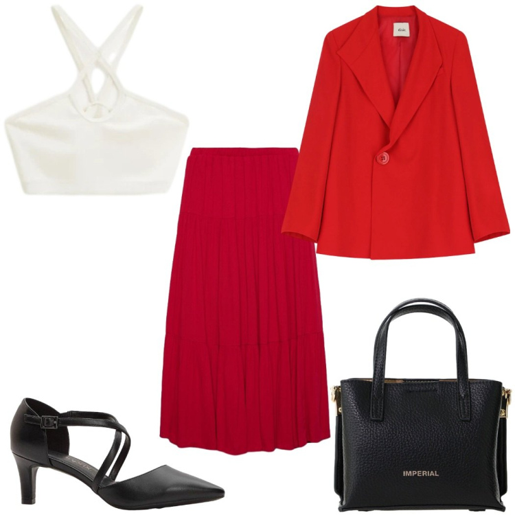 Outfit donna - Total look #2399815. Stile Trendy per Cerimonia. Abbinamento con décolleté, gonne lunghe, top, borse a tracolla, blazer.