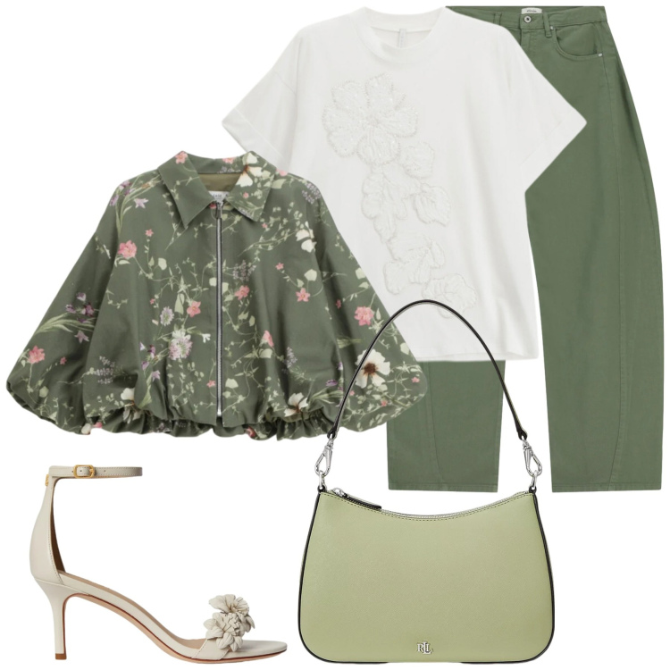 Outfit donna - Rifiorisco a primavera. Stile Romantica per Tutti i giorni. Abbinamento con bomber, t-shirt, pantaloni a palazzo, borse a spalla, sandali in pelle.
