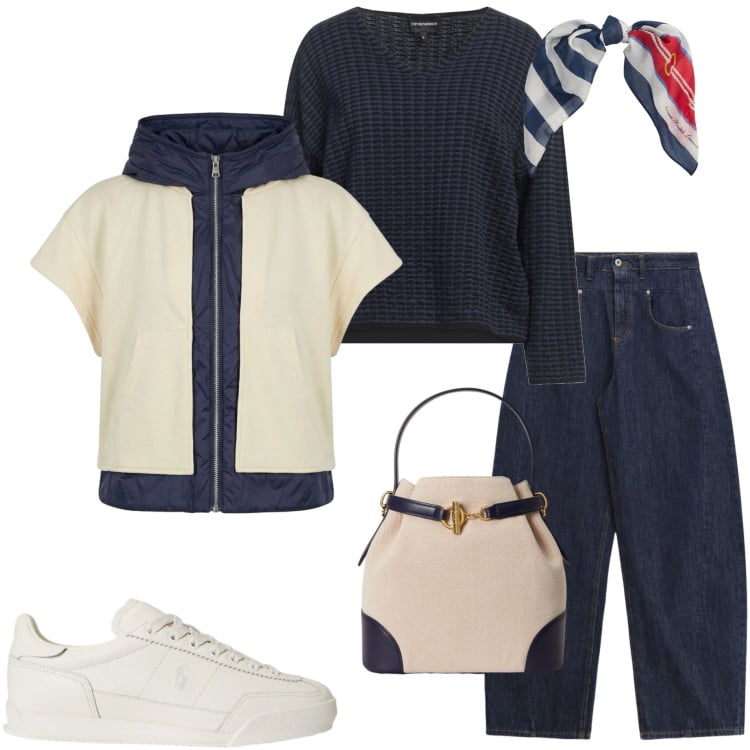 Outfit donna - Temporale a maggio. Stile Casual chic per Tutti i giorni. Abbinamento con pullovers, jeans, piumini, borse a secchiello, foulard, sneakers.