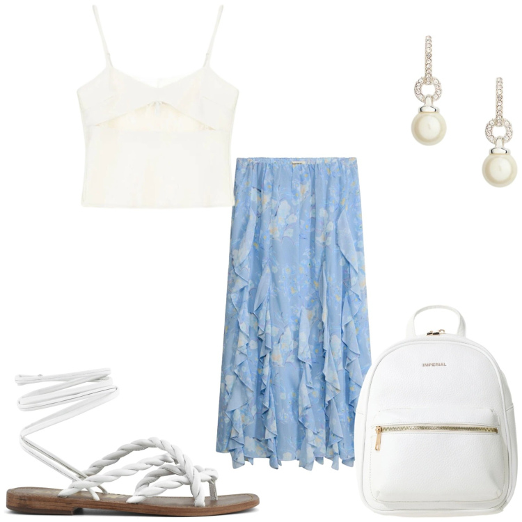 Outfit donna - Pranzo con le amiche. Stile Trendy per Tutti i giorni. Abbinamento con gonne lunghe, canottiere, zaini, orecchini, sandali in pelle.