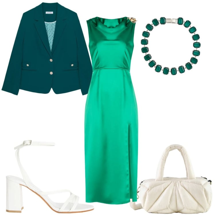 Outfit donna - Total look #2399826. Stile Glamour per Cerimonia. Abbinamento con vestiti midi/longuette, sandali in pelle, blazer, borse a mano, braccialetti.