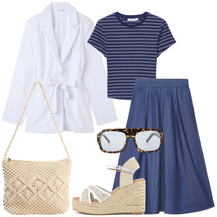Outfit donna - Al mercato. Stile Casual chic per Tutti i giorni. Abbinamento con borse a tracolla, t-shirt, gonne lunghe, blazer, occhiali da sole, zeppe.