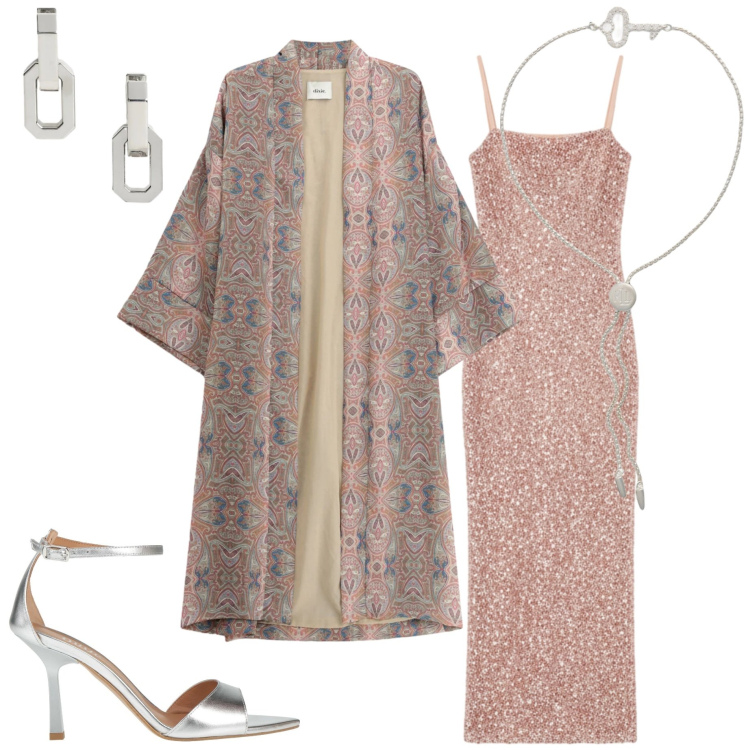 Outfit donna - Cerimonia di maggio. Stile Chic per Cerimonia. Abbinamento con sandali in pelle, vestiti lunghi, cappotti, braccialetti, orecchini.