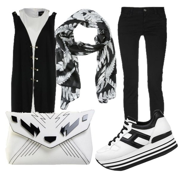 Outfit donna - Bianco e nero. Stile Trendy per Tutti i giorni. Abbinamento con vestito corto a trapezio fantasia collo tondo senza maniche con zip interno foderato in cady elasticizzato, pantalone, borsa a mano mini contrasto interno foderato in pelle tinta unita, stola fantasia floreale in seta crêpe, sneakers con zeppe contrasto maxi.