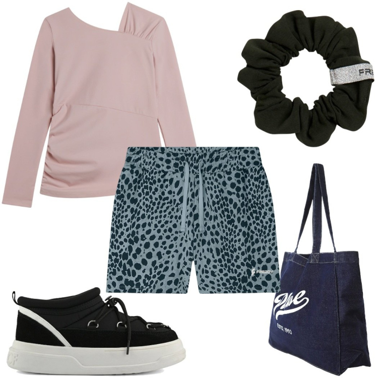 Outfit donna - Total look #2399830. Stile Trendy per Sport. Abbinamento con shopping bag, maglieria, pantaloni corti, accessori per capelli, stivaletti.
