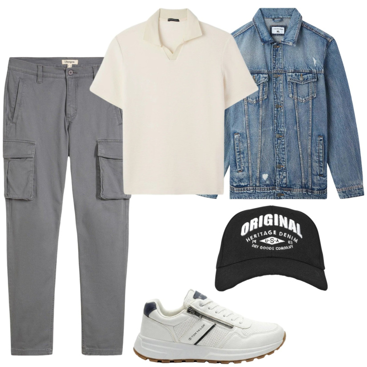 Outfit uomo - Polo protagonista. Stile Casual per Tutti i giorni. Abbinamento con pantaloni cargo, sneakers, polo, giacche, cappelli con visiera.