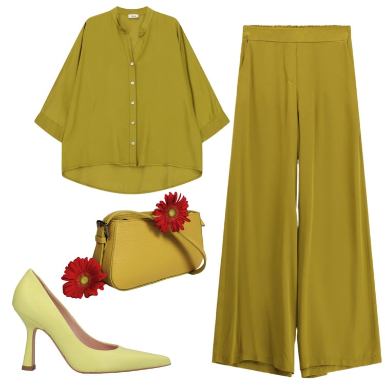 Outfit donna - Total look #2399833. Stile Trendy per Serata fuori. Abbinamento con décolleté, borse a spalla, camicie, pantaloni a palazzo.
