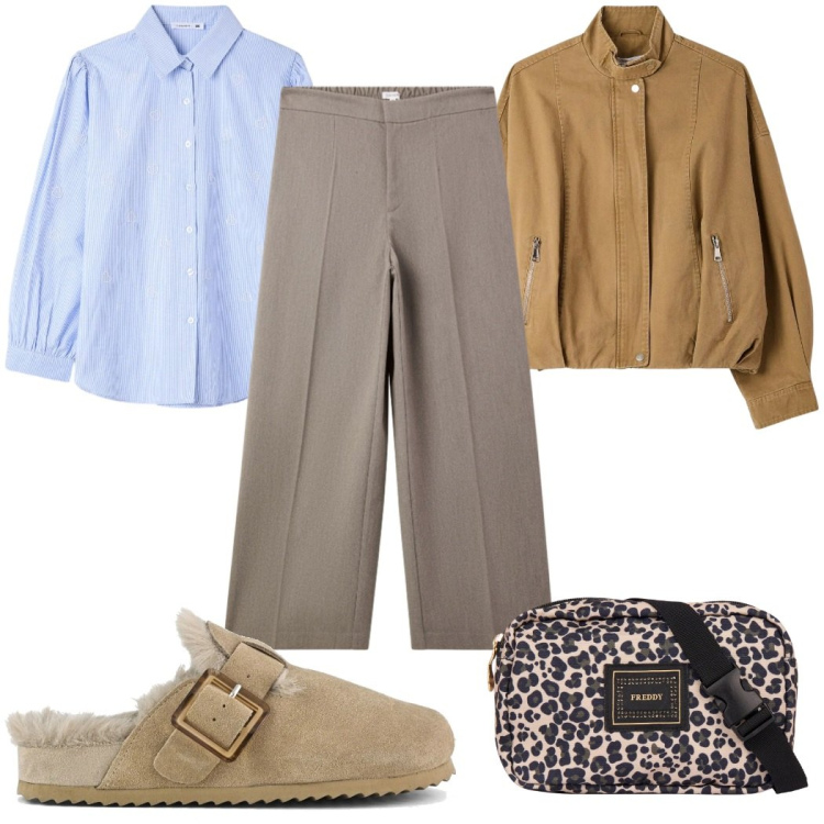 Outfit donna - Total look #2399840. Stile Casual per Tutti i giorni. Abbinamento con pantaloni, bomber, camicie, marsupi, sabot.