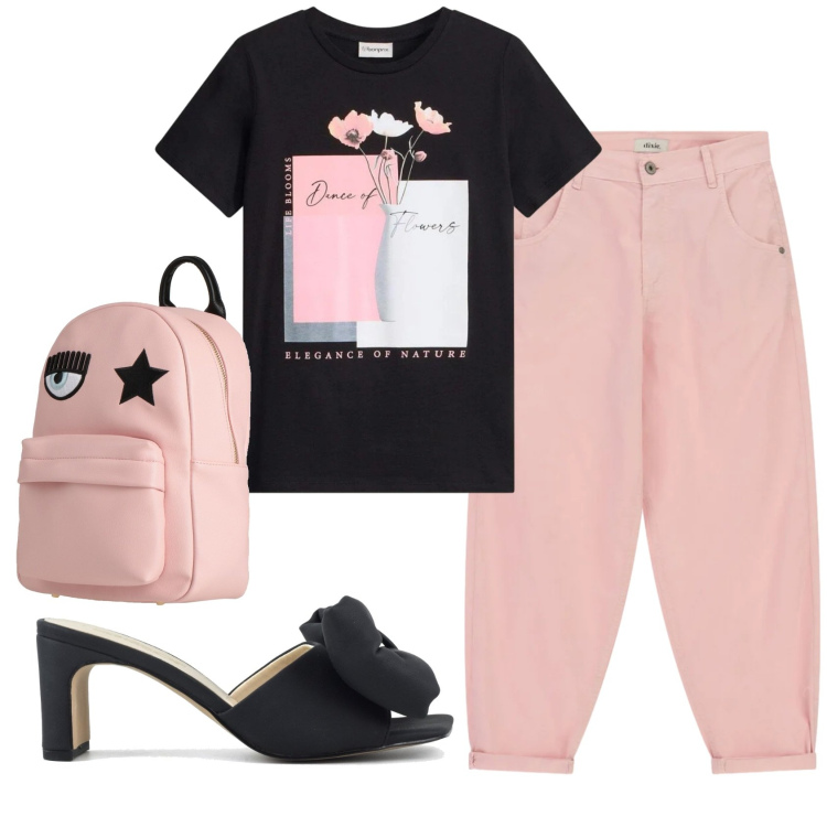 Outfit donna - Total look #2399841. Stile Casual chic per Ufficio. Abbinamento con zaini, t-shirt, pantaloni, sandali col tacco.