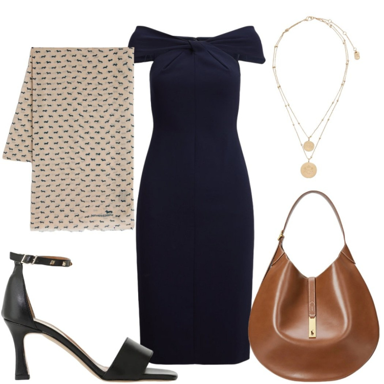 Outfit donna - Total look #2399842. Stile Chic per Serata fuori. Abbinamento con sciarpe, sandali col tacco, ciondoli, borse a spalla, vestiti.