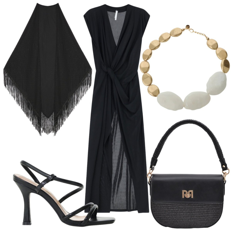 Outfit donna - Un foulard per la sera. Stile Chic per Serata fuori. Abbinamento con vestiti lunghi, sandali col tacco, borse a spalla, collane, foulard.