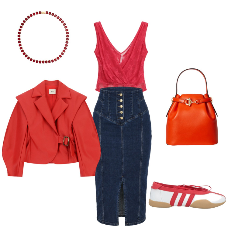 Outfit donna - Sexi e giovane. Stile Casual chic per Tutti i giorni. look ideale per Tall. Abbinamento con ballerine, top, gonne longuette, blazer, borse a secchiello, collane.