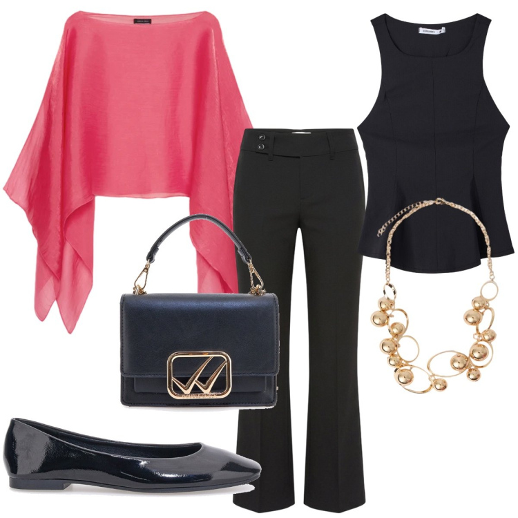 Outfit donna - La ballerina di vernice. Stile Chic per Tutti i giorni. Abbinamento con pantaloni, top, blazer, collane, borse a tracolla, ballerine.