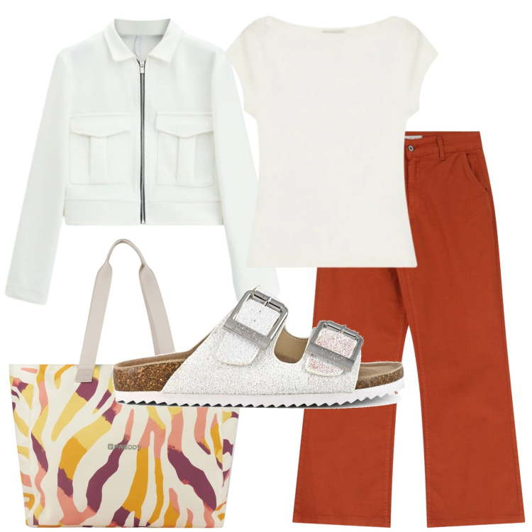 Outfit donna - Total look #2399846. Stile Casual per Tutti i giorni. Abbinamento con cappotti, jeans, top, shopping bag, sandali.