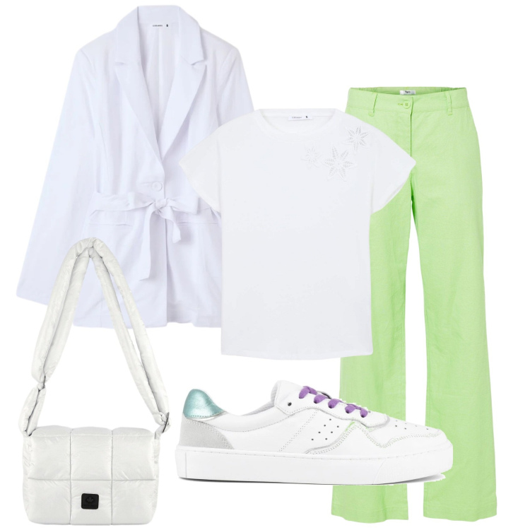 Outfit donna - Total look #2399848. Stile Urban per Ufficio. Abbinamento con pantaloni, blazer, t-shirt, borse a spalla, sneakers.