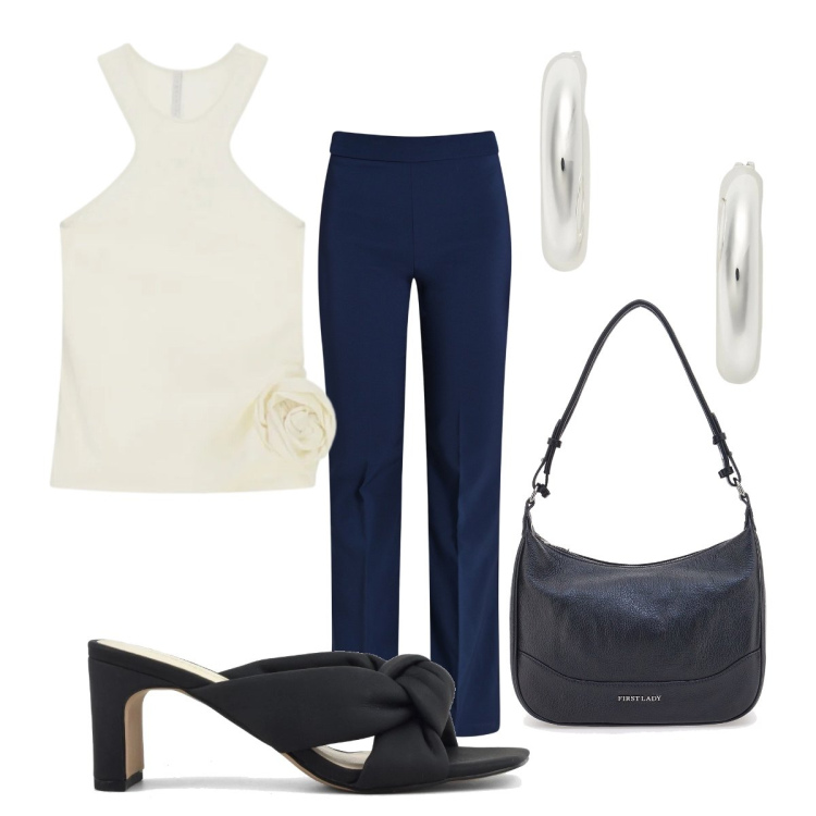 Outfit donna - Finishing Touch#1. Stile Romantica per Cerimonia. Abbinamento con top, pantaloni, orecchini, sandali col tacco, borse a tracolla.