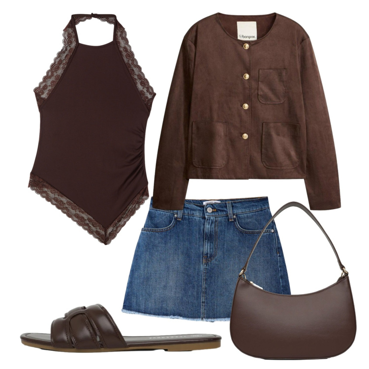 Outfit donna - Total look #2399850. Stile Trendy per Tutti i giorni. Abbinamento con blazer, borse a tracolla, ciabatte, minigonne, top.