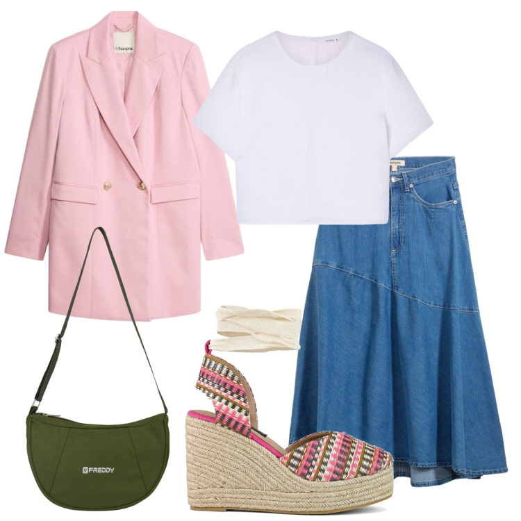 Outfit donna - Total look #2399852. Stile Casual chic per Tutti i giorni. Abbinamento con gonne longuette, blazer, t-shirt, borse a spalla, zeppe.