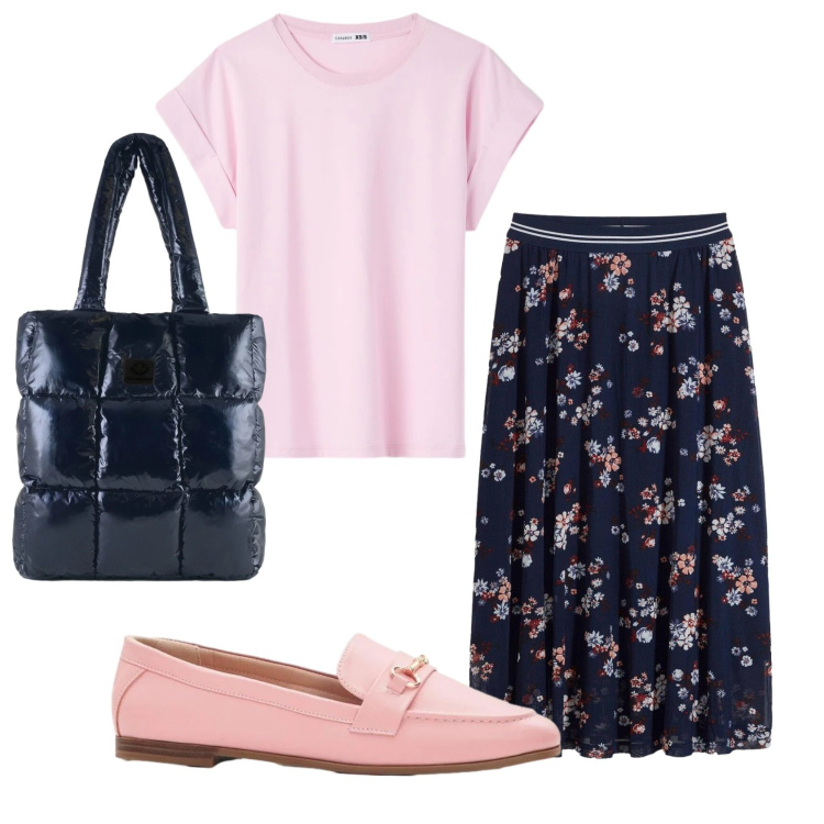 Outfit donna - Total look #2399853. Stile Romantica per Tutti i giorni. Abbinamento con gonne longuette, mocassini, t-shirt, shopping bag.