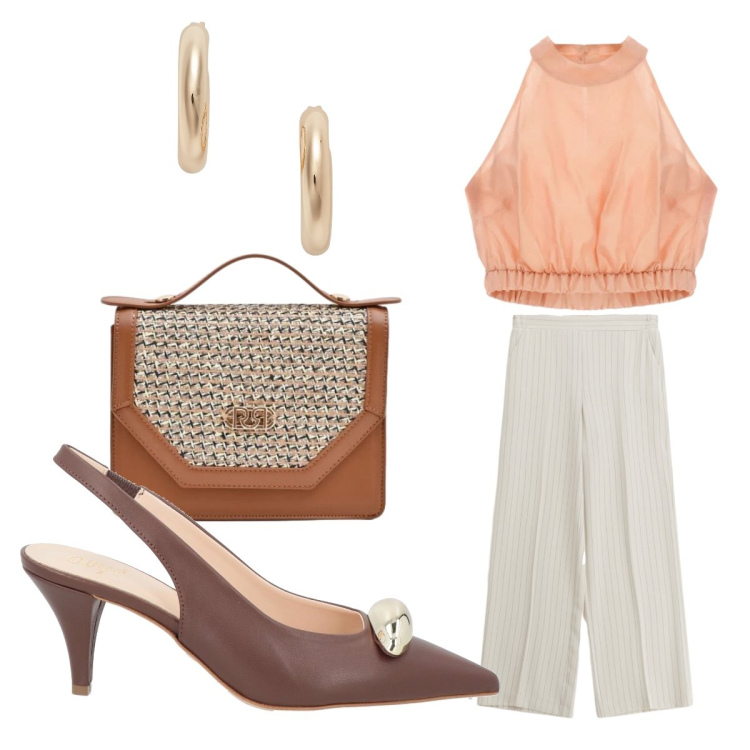 Outfit donna - Finishing Touch#2. Stile Chic per Cerimonia. Abbinamento con décolleté, pantaloni a palazzo, pochette, top, orecchini.