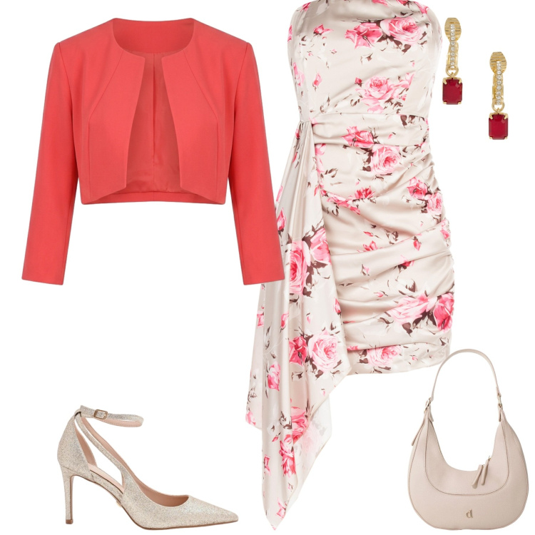 Outfit donna - Cerimonia. Stile Casual chic per Cerimonia. Abbinamento con vestiti corti, décolleté, bolero, borse a tracolla, orecchini.