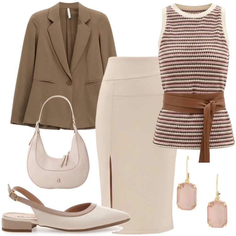 Outfit donna - Total look #2399859. Stile Chic per Tutti i giorni. Abbinamento con blazer, canottiere, gonne longuette, borse a tracolla, orecchini, ballerine.