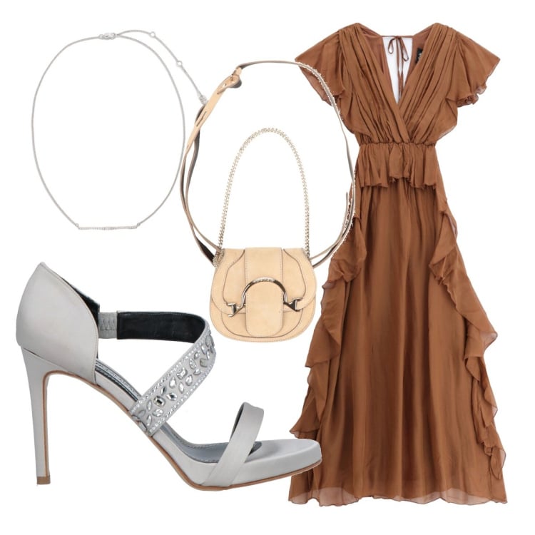 Outfit donna - Finishing Touch. Stile Chic per Cerimonia. Abbinamento con marsupi, sandali in pelle, vestiti lunghi, collane.