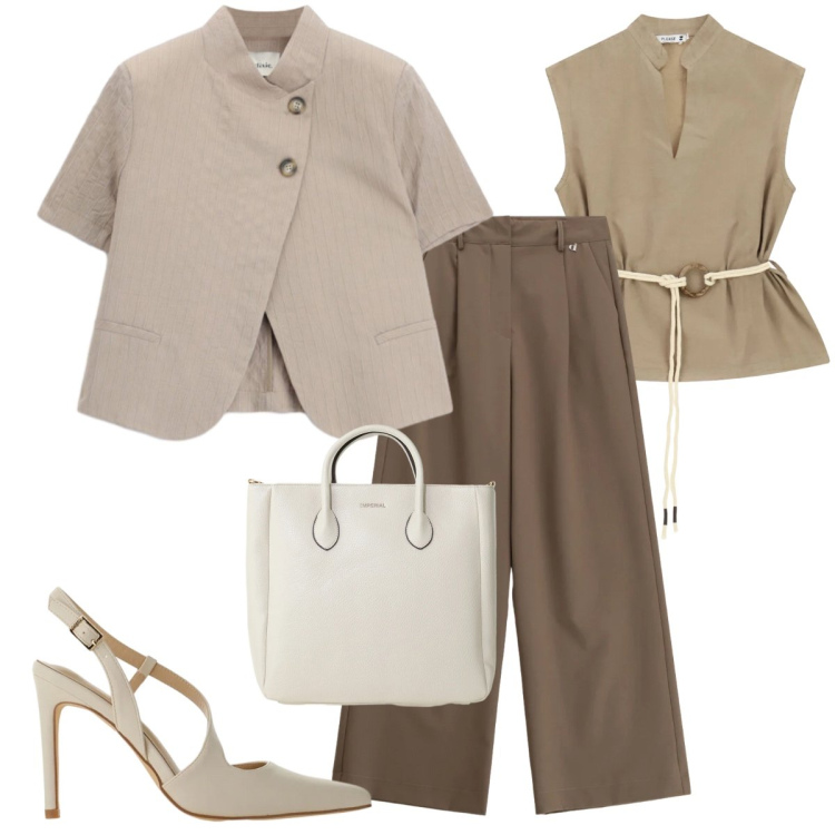 Outfit donna - Aperitivo con le amiche. Stile Casual chic per Serata fuori. Abbinamento con camicie, décolleté, borse a tracolla, pantaloni a palazzo, blazer.