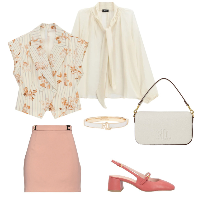 Outfit donna - Avorio e corallo. Stile Glamour per Serata fuori. Abbinamento con minigonne, décolleté, gilet, bluse, braccialetti, borse a spalla.