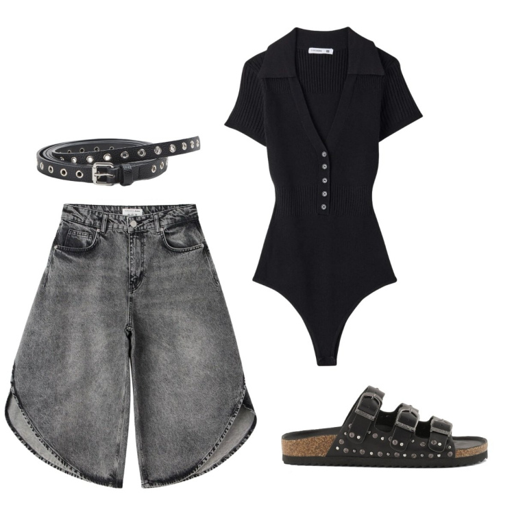 Outfit donna - Dark stile. Stile Rock per Tutti i giorni. Abbinamento con cinture, t-shirt, pantaloni corti, sandali.