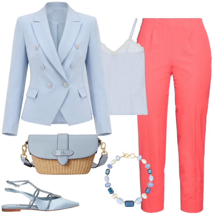 Outfit donna - precious shoes. Stile Chic per Ufficio. Abbinamento con ballerine, pantaloni, blazer, top, borse a spalla, collane.
