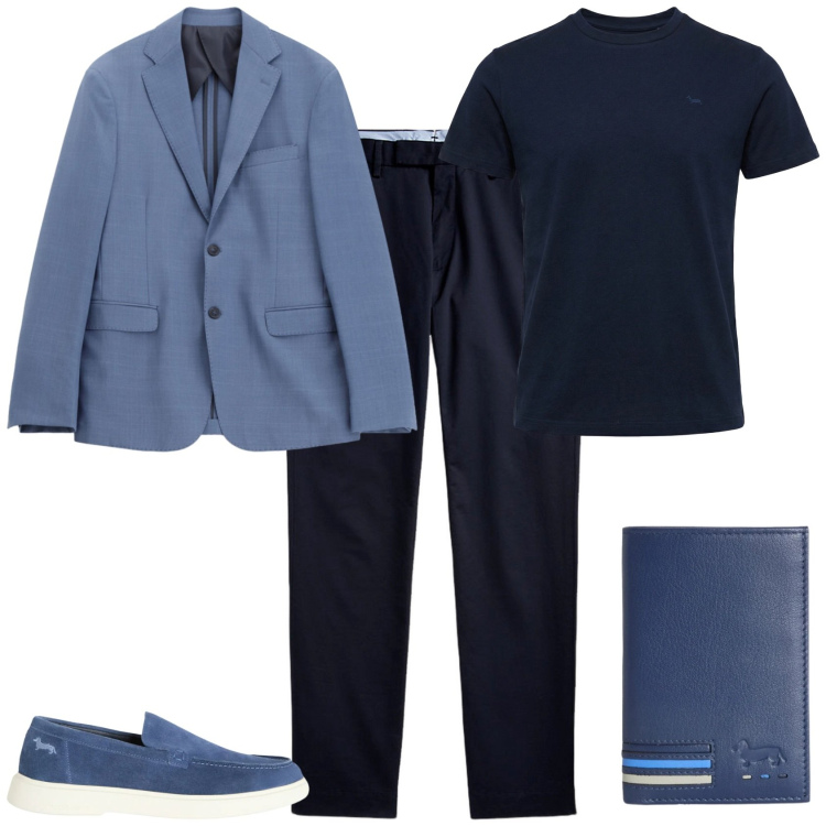 Outfit uomo - Trendy. Stile Trendy per Serata speciale. Abbinamento con giacche, portafogli, t-shirt, scarpe stringate, pantaloni chino.