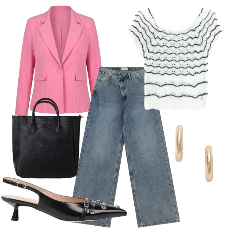 Outfit donna - Un tocco di colore. Stile Glamour per Tutti i giorni. Abbinamento con décolleté, canottiere, borse a tracolla, blazer, jeans, orecchini.