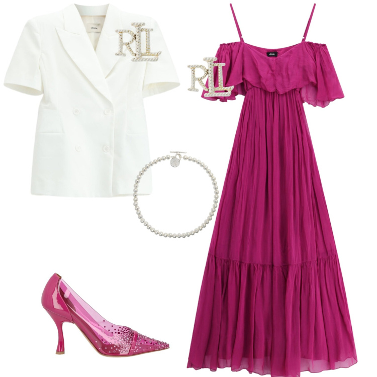 Outfit donna - Glamour cerimonia evento serata. Stile Glamour per Cerimonia. Abbinamento con décolleté, vestiti lunghi, blazer, collane, orecchini.