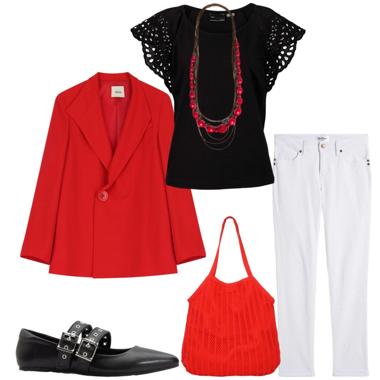 Outfit donna - Total look #2399898. Stile Casual chic per Serata fuori. Abbinamento con bluse, jeans dritti, ballerine, shopping bag, blazer, collane.