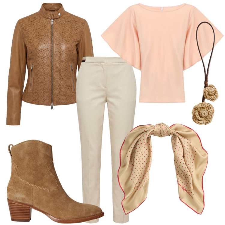 Outfit donna - Un giro in vespa. Stile Rock per Tutti i giorni. Abbinamento con giacche, pantaloni chino, t-shirt, stivaletti, foulard, ciondoli.