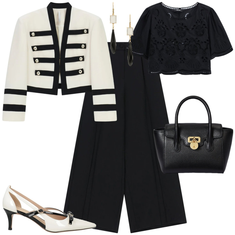Outfit donna - Chic cerimonia evento serata. Stile Glamour per Cerimonia. Abbinamento con décolleté, blazer, pantaloni a palazzo, bluse, borse a mano, orecchini.