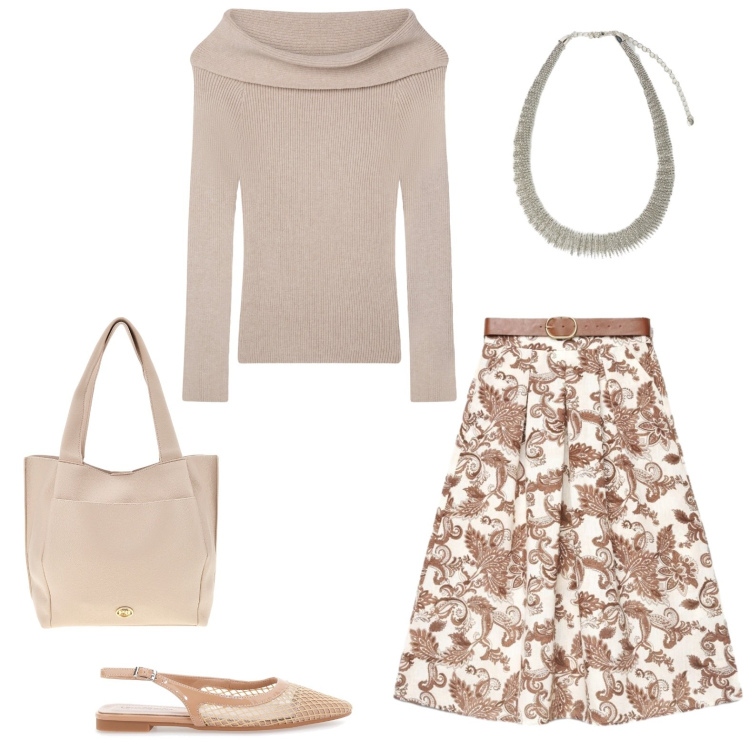 Outfit donna - Total look #2399908. Stile Casual chic per Ufficio. Abbinamento con gonne lunghe, maglieria, collane, ballerine, borse a spalla.