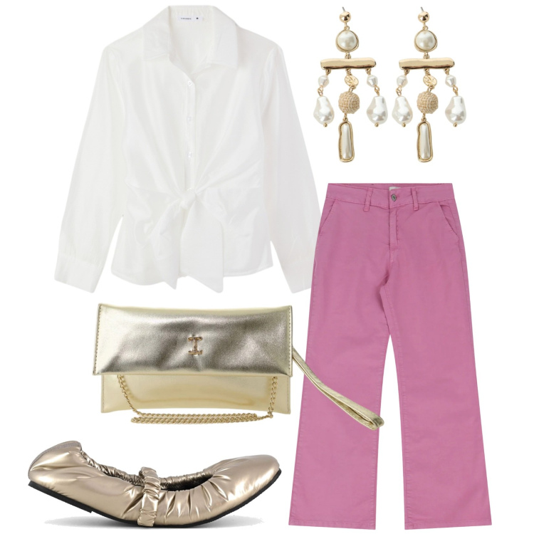 Outfit donna - Total look #2399910. Stile Chic per Serata fuori. Abbinamento con camicie, borse a tracolla, jeans, orecchini, ballerine.