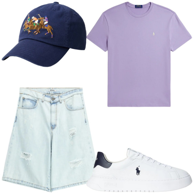 Outfit uomo - Pastel Heritage Casual. Stile Trendy per Tutti i giorni. Abbinamento con bermuda, sneakers, cappelli, t-shirt.