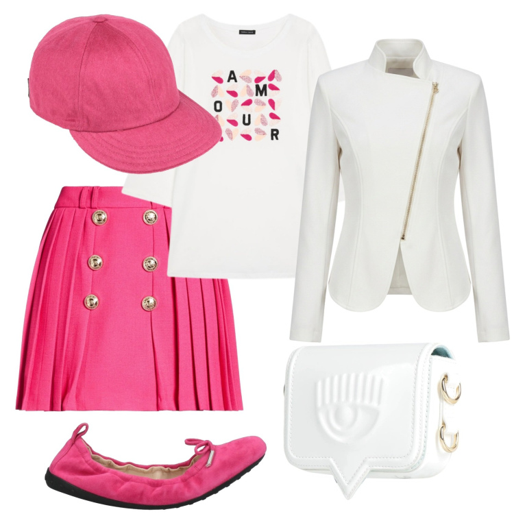 Outfit donna - Un po\' di rosa carico. Stile Trendy per Tutti i giorni. Abbinamento con minigonne, cappelli con visiera, marsupi, ballerine, blazer, t-shirt.