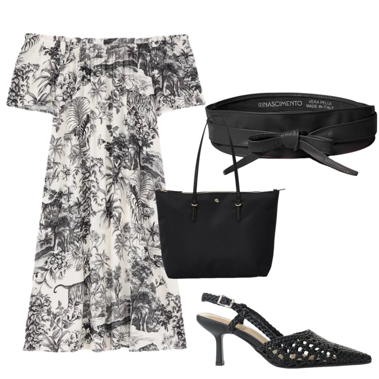 Outfit donna - Bianco e nero. Stile Romantica per Tutti i giorni. Abbinamento con décolleté, cinture, vestiti corti, borse tote.