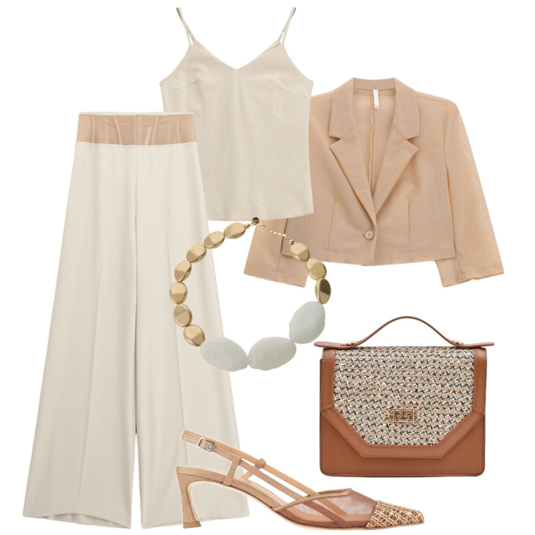 Outfit donna - Rafia details. Stile Chic per Cerimonia. Abbinamento con décolleté, pantaloni a palazzo, canottiere, blazer, pochette, collane.