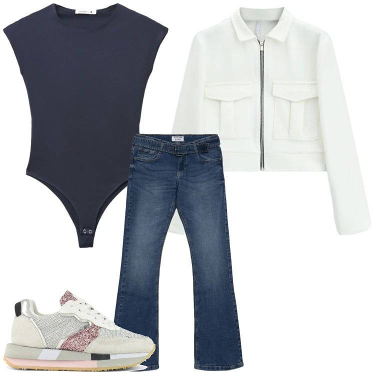 Outfit donna - Di corsa. Stile Casual chic per Tutti i giorni. Abbinamento con jeans a zampa, top, cappotti, sneakers.