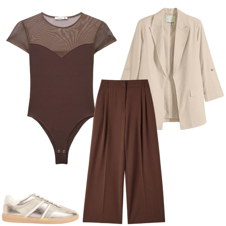 Outfit donna - Comoda in ufficio. Stile Casual chic per Ufficio. Abbinamento con blazer, sneakers, top, pantaloni.